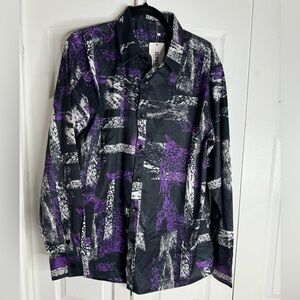 NWT Zeroyaa Shirt‎ Mens L Button Up Black Silver Purple Geometric Long Sleeve